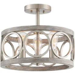Franklin Iron Works Salima Rustic Farmhouse Ceiling Light Semi Flush Mount 16" Wide Brushed Nickel Gray Wood 3-Light LED For Bedroom Living Room House -Home Decoration Shop GUEST 05f708a0 001b 4c6d 9c3d e27df320280c
