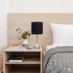 19.5" Bedside Power Outlet Base Metal Table Desk Lamp Brushed Steel With Fabric Shade Black - Creekwood Home -Home Decoration Shop GUEST 2c315ef3 229f 40ae ba56 1a36504925f3