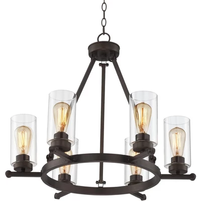 Franklin Iron Works Holman Bronze Wagon Wheel Chandelier 26 3/4" Wide Rustic Farmhouse Clear Glass 6-Light Fixture For Dining Room Kitchen Island Home 7 Franklin Iron Works Holman Bronze Wagon Wheel Chandelier 26 3/4" Wide Rustic Farmhouse Clear Glass 6-Light Fixture For Dining Room Kitchen Island Home - Image 5