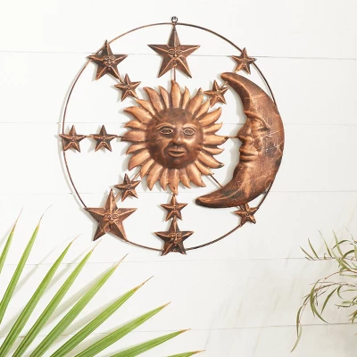 Metal Sun And Moon Indoor Outdoor Wall Decor With Stars Bronze - Olivia & May 3 Metal Sun And Moon Indoor Outdoor Wall Decor With Stars Bronze - Olivia & May
