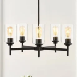 24" LED 5-Light Orpheus Industrial Iron Cylinder Chandelier Oil Rubbed Bronze/Clear - JONATHAN Y
