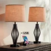 360 Lighting Heather Modern Industrial Table Lamps 25 3/4" High Set Of 2 Dark Iron With USB Charging Port Burlap Drum Shade For Bedroom House Desk -Home Decoration Shop GUEST 3db22cdd c168 4a38 bb8f b11a6370a16a
