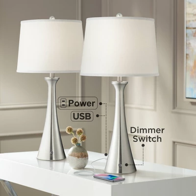 360 Lighting Karl Modern Table Lamps 27 1/2" Tall Set Of 2 Brushed Nickel With USB And Outlet White Drum Shade For Bedroom Living Room House Bedside 3 360 Lighting Karl Modern Table Lamps 27 1/2" Tall Set Of 2 Brushed Nickel With USB And Outlet White Drum Shade For Bedroom Living Room House Bedside