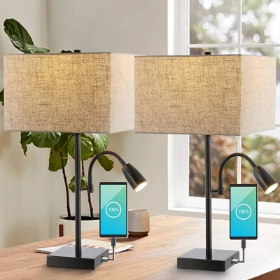 (Set Of 2) 25.5" 2-Light Austin Farmhouse Industrial Table Lamp With USB Charging Oil Rubbed Bronze (Includes LED Light Bulb) - JONATHAN Y 4 (Set Of 2) 25.5" 2-Light Austin Farmhouse Industrial Table Lamp With USB Charging Oil Rubbed Bronze (Includes LED Light Bulb) - JONATHAN Y - Image 2