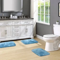 3pc Traditional Nylon Washable Bathroom Rug Set Basin Blue - Garland Rug