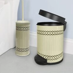 Laser Cut Ivory Step Garbage Trash Can & Toilet Brush Holder With Lid Ivory - Nu Steel