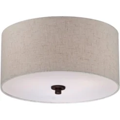 Regency Hill Sylvan Modern Ceiling Light Semi Flush Mount Fixture 14" Wide Bronze 3-Light Oatmeal Fabric Drum Shade For Bedroom Kitchen Living Room -Home Decoration Shop GUEST a02f0228 5e2e 4bb5 b0fc a78de8efcac0