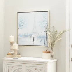 Canvas Eiffel Tower Framed Wall Art With Silver Frame Blue - Olivia & May