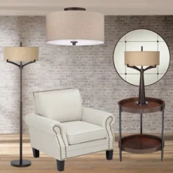 Regency Hill Sylvan Modern Ceiling Light Semi Flush Mount Fixture 14" Wide Bronze 3-Light Oatmeal Fabric Drum Shade For Bedroom Kitchen Living Room -Home Decoration Shop GUEST bf13db88 b0e3 440c 8c47 5d9950a0d8e3