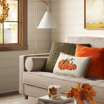 Printed Pumpkin With Blanket Stitch Edge Lumbar Throw Pillow Light Beige - Threshold™ 3 Printed Pumpkin With Blanket Stitch Edge Lumbar Throw Pillow Light Beige - Threshold™