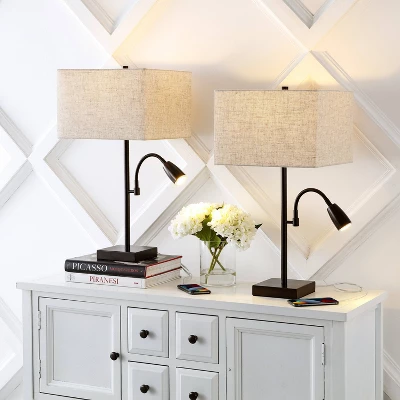 (Set Of 2) 25.5" 2-Light Austin Farmhouse Industrial Table Lamp With USB Charging Oil Rubbed Bronze (Includes LED Light Bulb) - JONATHAN Y 3 (Set Of 2) 25.5" 2-Light Austin Farmhouse Industrial Table Lamp With USB Charging Oil Rubbed Bronze (Includes LED Light Bulb) - JONATHAN Y