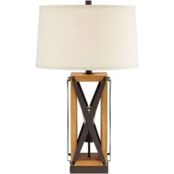 Franklin Iron Works Gaines Rustic Farmhouse Table Lamp 28 1/2" Tall Bronze Wood With LED Nightlight Off White Burlap Drum Shade For Bedroom House Home -Home Decoration Shop GUEST e0f2cae7 60ae 45cc 987d 7e4a8d94e71d