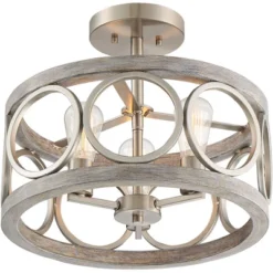 Franklin Iron Works Salima Rustic Farmhouse Ceiling Light Semi Flush Mount 16" Wide Brushed Nickel Gray Wood 3-Light LED For Bedroom Living Room House -Home Decoration Shop GUEST e8f1a24c c873 4c89 b19a 1b0b92e4175c