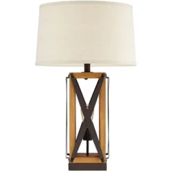 Franklin Iron Works Gaines Rustic Farmhouse Table Lamp 28 1/2" Tall Bronze Wood With LED Nightlight Off White Burlap Drum Shade For Bedroom House Home -Home Decoration Shop GUEST f3ad3aae 7a46 4b96 8bc4 e0531e719c10